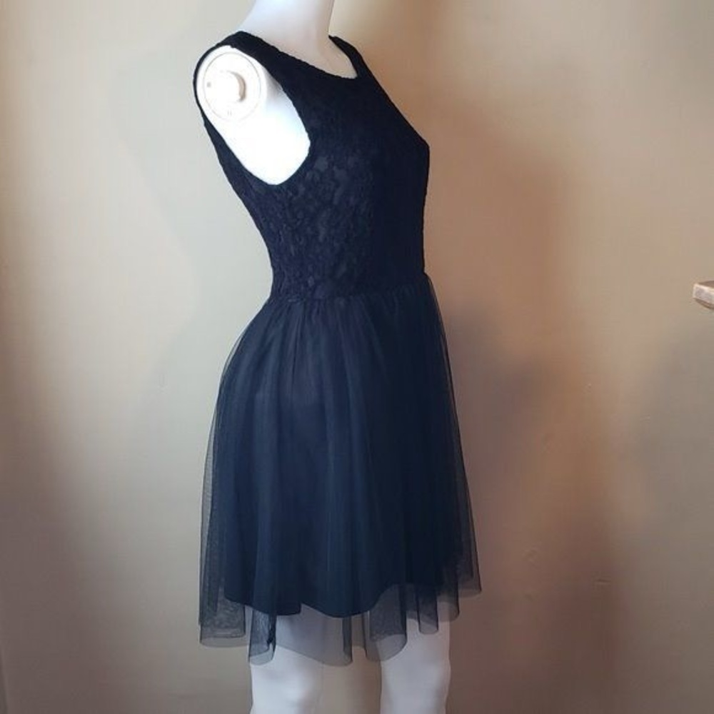 EUC Anthropologie Lace Bodice Tulle Skirt Black Finn & Clover Mini Dress Size LG